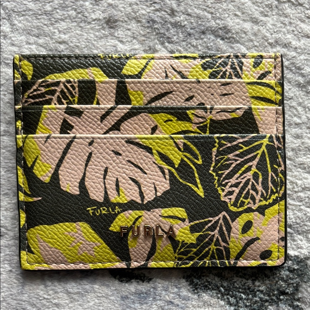 Furla Black and Yellow Leaf Pattern Card Holder